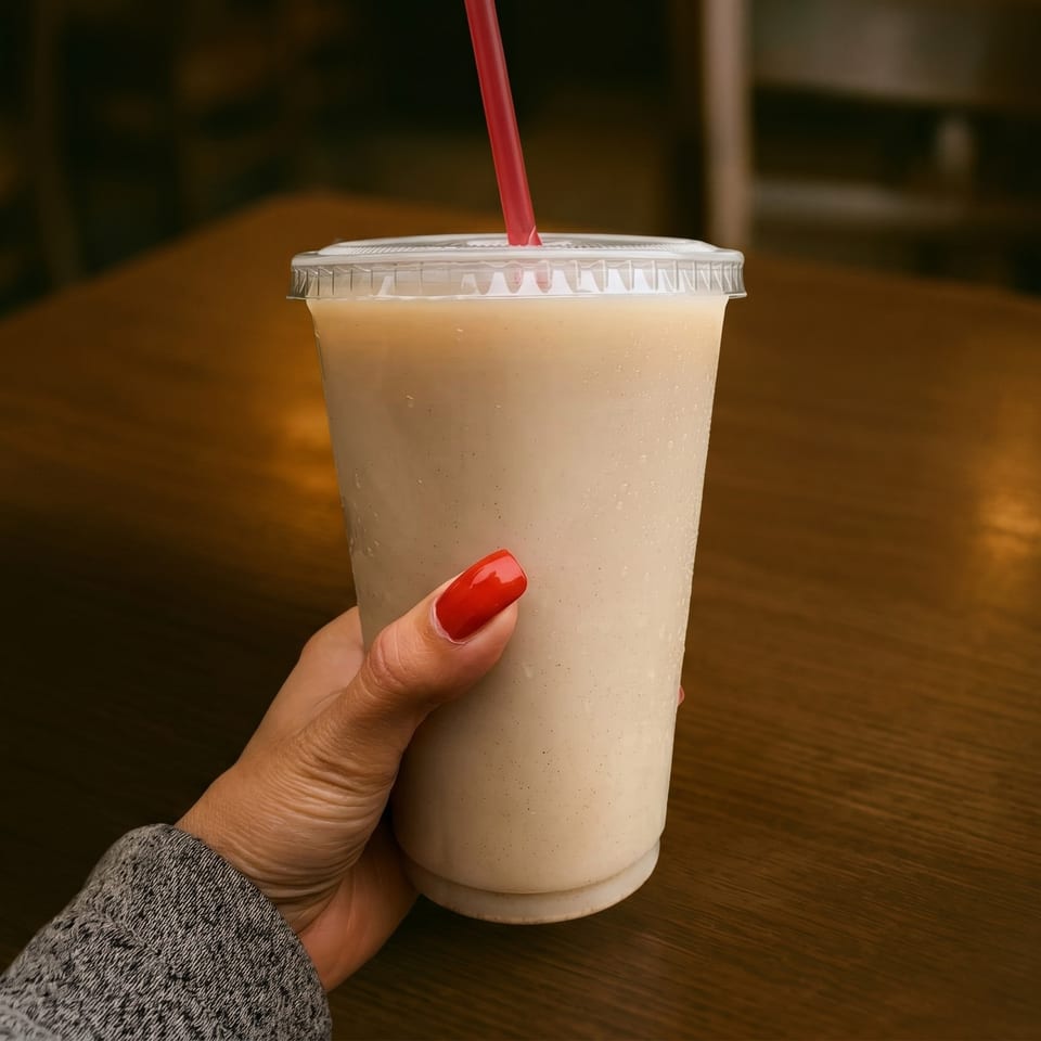 A hand with red nail polish holds a plastic cup with a light-colored drink and red straw.