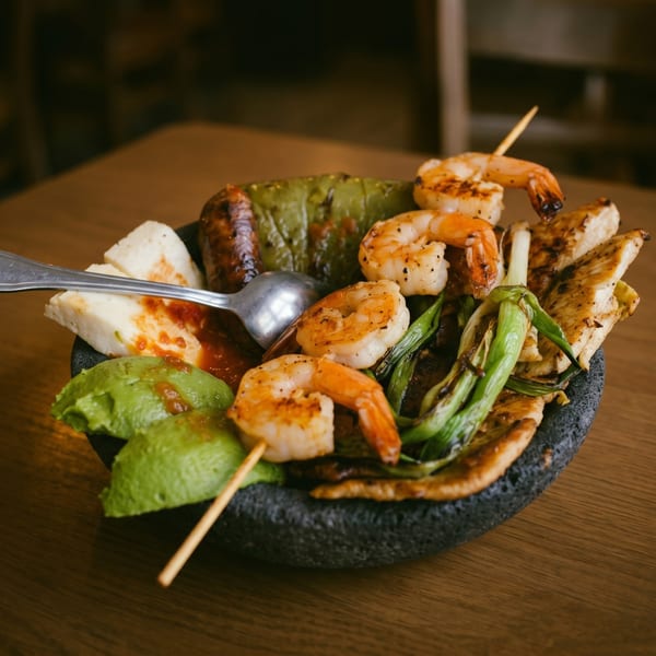 Grilled shrimp, chicken, avocado, and vegetables served in a dark stone bowl on a wooden table.