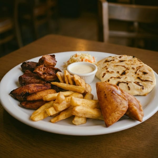 A plate of fried chicken, plantains, fries, flatbread, coleslaw, and dipping sauce on a wooden table.