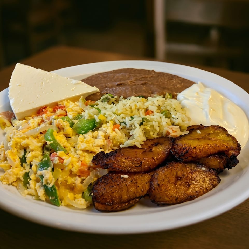 A white plate with scrambled eggs, rice, refried beans, fried plantains, cheese, and sour cream.