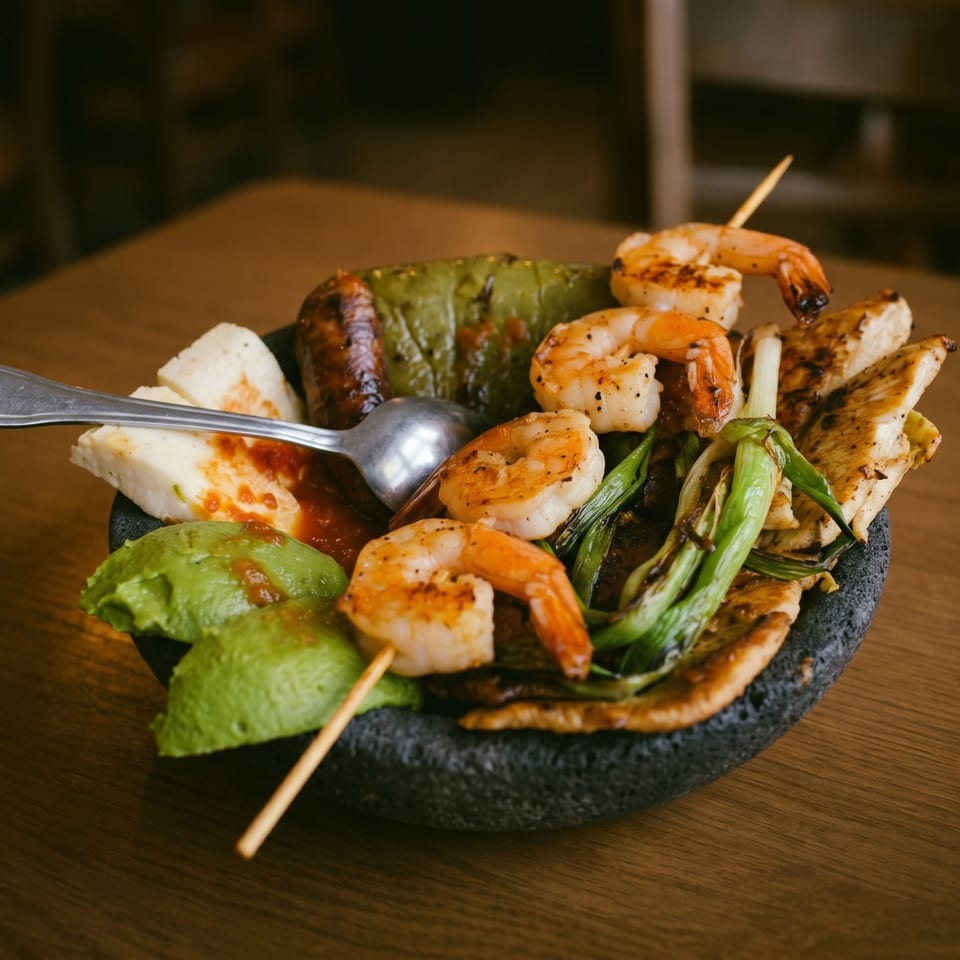 Grilled shrimp skewers, chicken, green peppers, avocado, and cheese in a dark stone bowl.