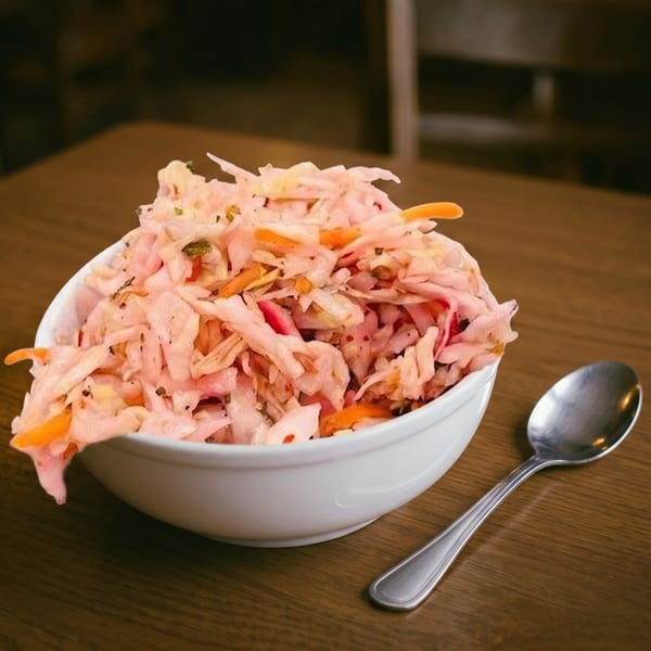 A white bowl filled with pink coleslaw and shredded carrots, next to a silver spoon.
