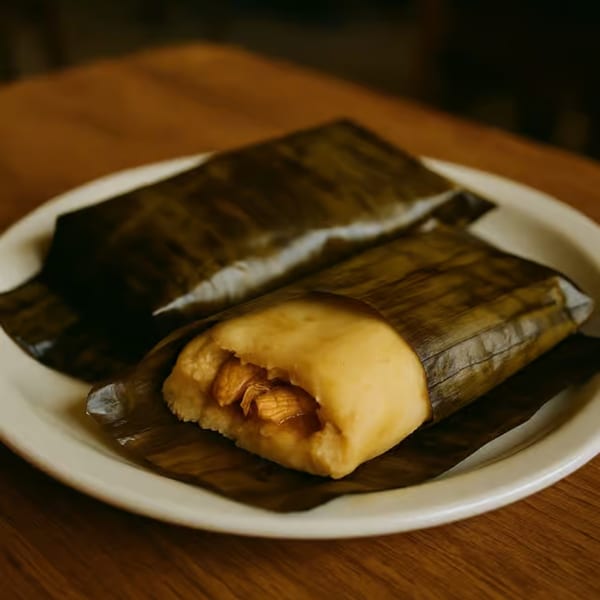 Two tamales wrapped in banana leaves, one partially open revealing a golden filling with chicken.