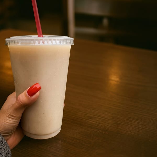 A hand with red nail polish holds a cold beverage with a red straw on a wooden table.