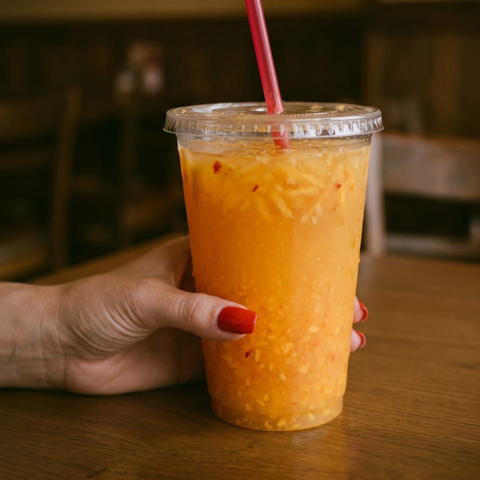 A hand with red nail polish holds a clear cup of orange drink with a red straw.