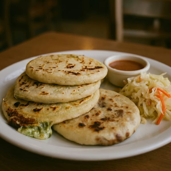 Stack of pupusas with curtido and salsa on a white plate.