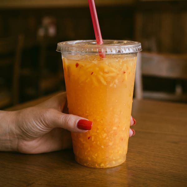 A hand with red nail polish holds a plastic cup of orange juice with a red straw.