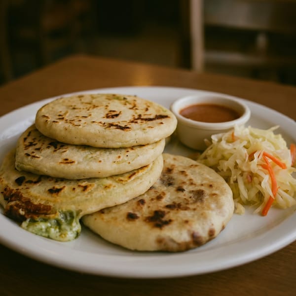 A plate of pupusas with curtido and a small bowl of red sauce on a wooden table.