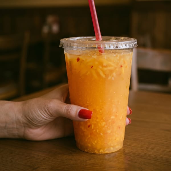 A hand with red nail polish holds a plastic cup of orange juice with a red straw.