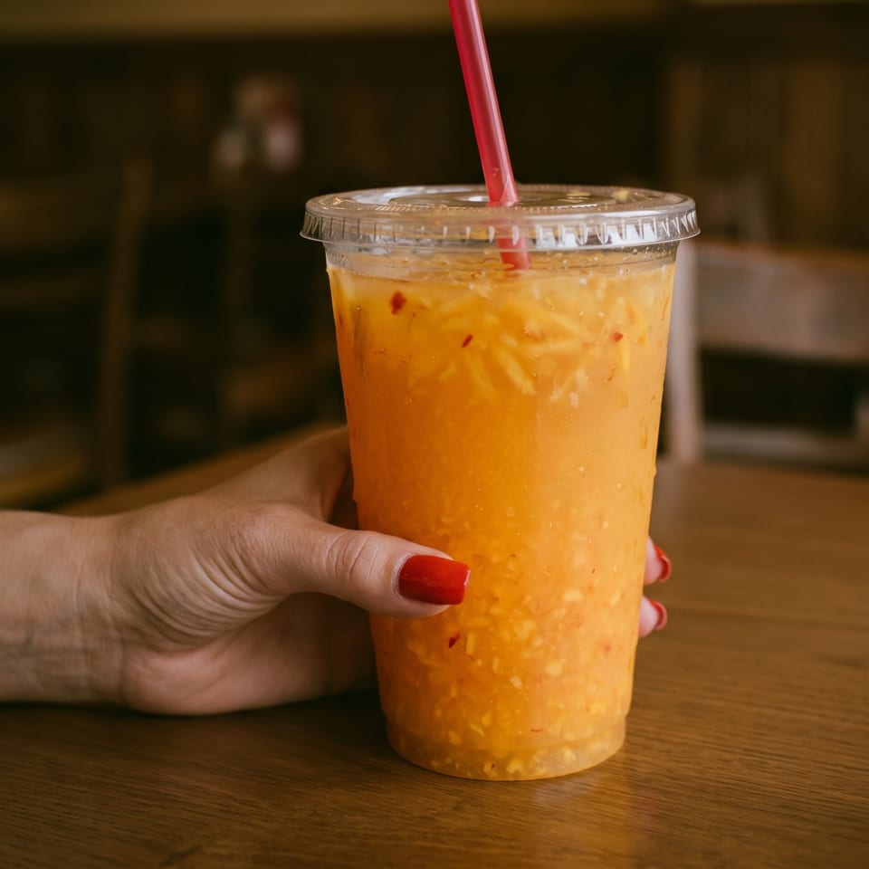 A hand with red nail polish holds a plastic cup of orange juice with a red straw.